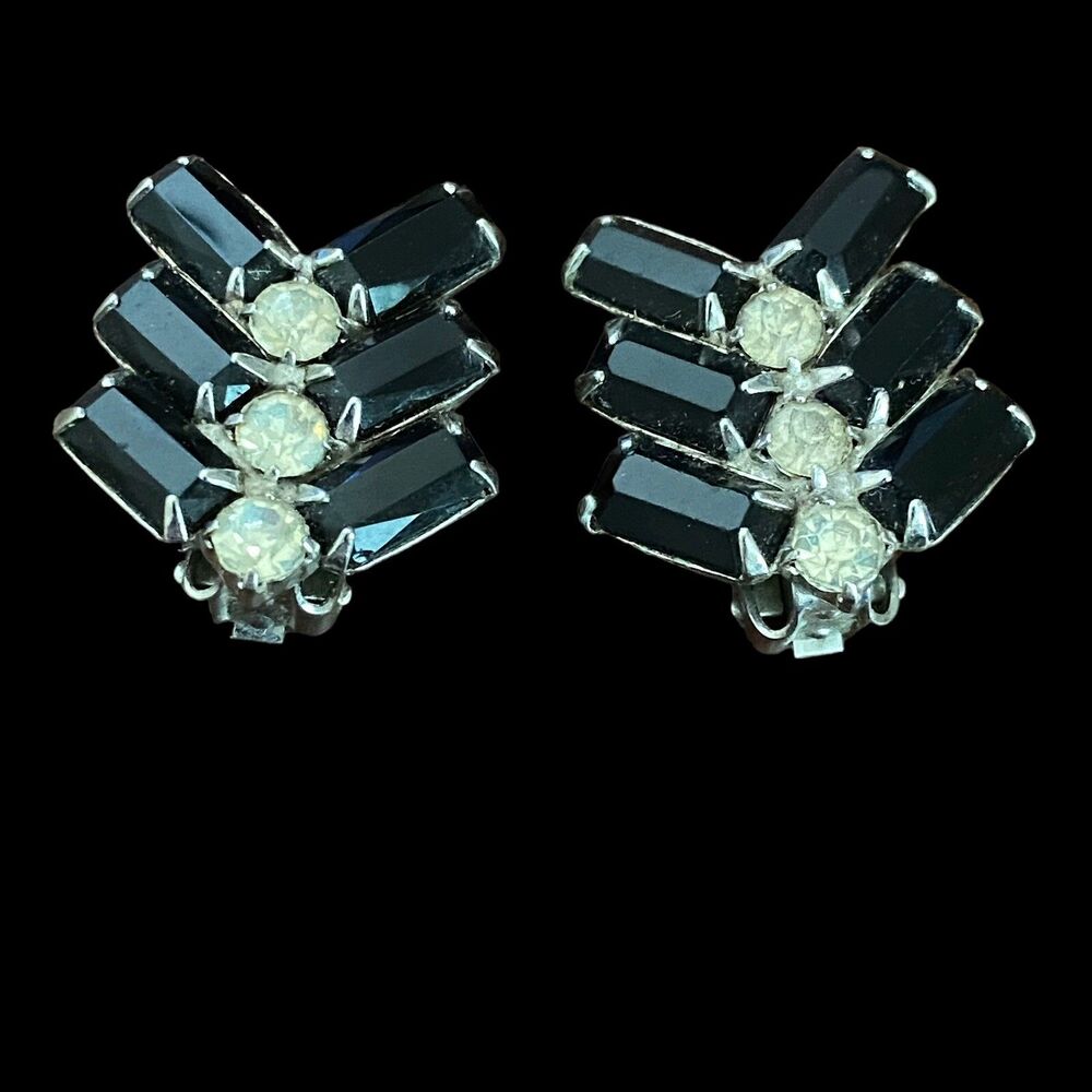 Vintage Black and Clear Rhinestone Silver Tone Clip Earrings